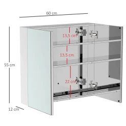 Armoire De Toilette|Homcom Armoire miroir rangement toilette salle de bain meuble mural dim. 60L x 12l x 55H cm acier inox.