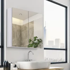 Armoire De Toilette|Homcom Armoire miroir rangement toilette salle de bain meuble mural dim. 60L x 12l x 55H cm acier inox.