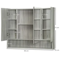 kleankin Armoire miroir salle de bain 3 portes 5 étagères, niche - 90 x 15 x 75 cm - effet bois gris
