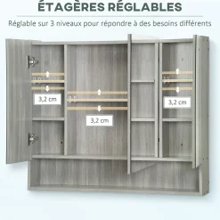 kleankin Armoire miroir salle de bain 3 portes 5 étagères, niche - 90 x 15 x 75 cm - effet bois gris