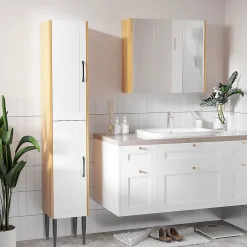 kleankin Armoire miroir salle de bain 3 portes 4 étagères aspect bois clair blanc