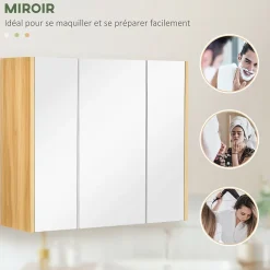 kleankin Armoire miroir salle de bain 3 portes 4 étagères aspect bois clair blanc