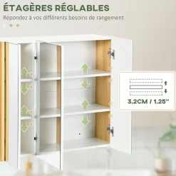 kleankin Armoire miroir salle de bain 3 portes 4 étagères aspect bois clair blanc
