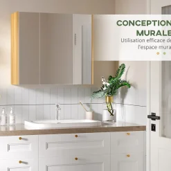 kleankin Armoire miroir salle de bain 3 portes 4 étagères aspect bois clair blanc