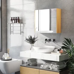 kleankin Armoire miroir salle de bain 3 portes 4 étagères aspect bois clair blanc