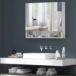 Armoire De Toilette|kleankin Armoire miroir salle de bain 3 portes 5 étagères, niche - 90 x 15 x 75 cm - blanc