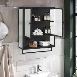 Okwish Armoire Murale 2 Portes avec Porte-Serviettes et Étagère Ouverte, Meuble en Verre et Métal pour Salle de Bain - 60x23x78 cm - Noir