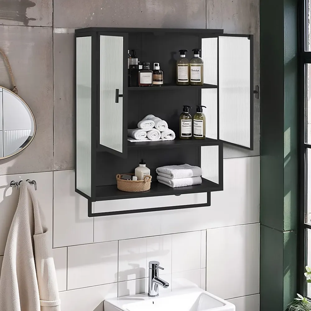 Okwish Armoire Murale 2 Portes avec Porte-Serviettes et Étagère Ouverte, Meuble en Verre et Métal pour Salle de Bain - 60x23x78 cm - Noir