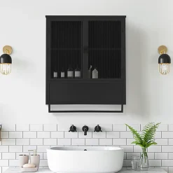 Okwish Armoire Murale 2 Portes avec Porte-Serviettes et Étagère Ouverte, Meuble en Verre et Métal pour Salle de Bain - 60x23x78 cm - Noir