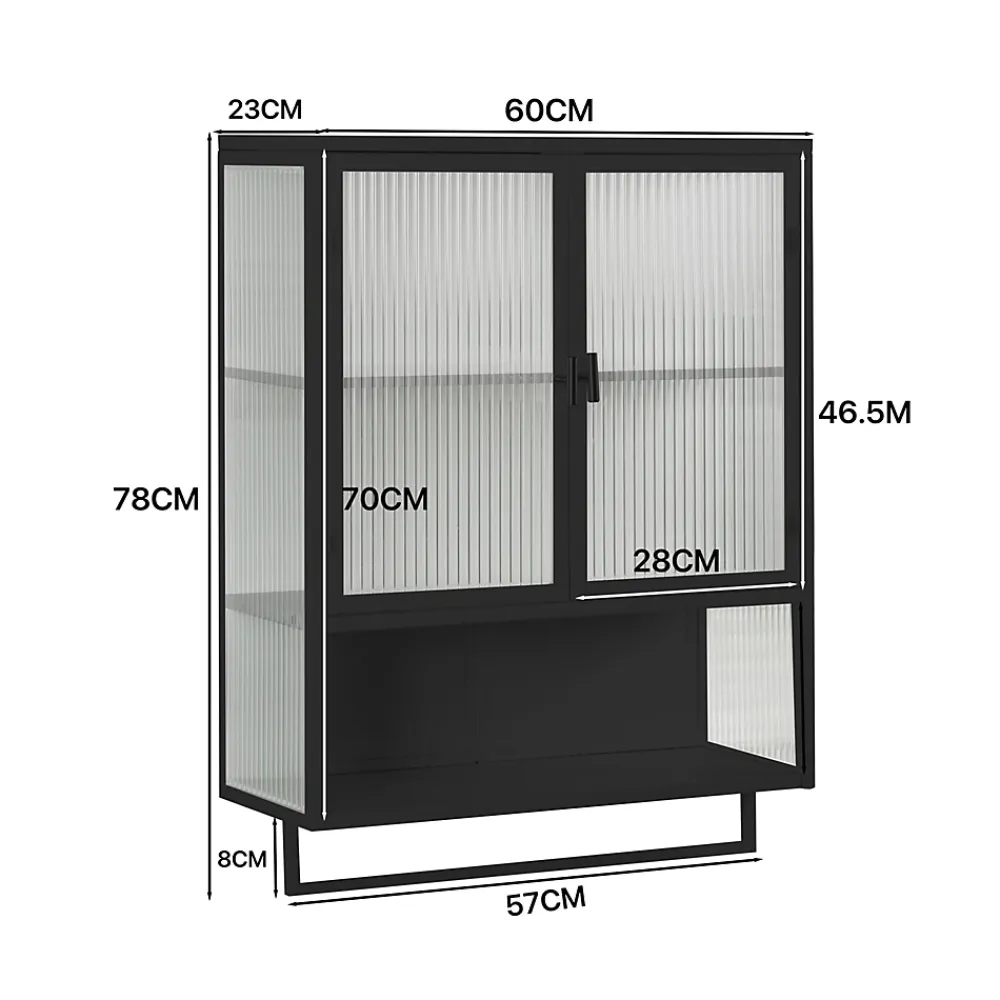Okwish Armoire Murale 2 Portes avec Porte-Serviettes et Étagère Ouverte, Meuble en Verre et Métal pour Salle de Bain - 60x23x78 cm - Noir