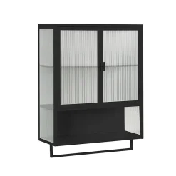 Okwish Armoire Murale 2 Portes avec Porte-Serviettes et Étagère Ouverte, Meuble en Verre et Métal pour Salle de Bain - 60x23x78 cm - Noir