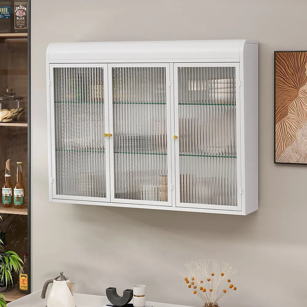 Okwish Armoire Murale 3 Portes en Verre et Métal - Meuble de Rangement Suspendu pour Cuisine et Salon, 90x16x70 cm, Blanc