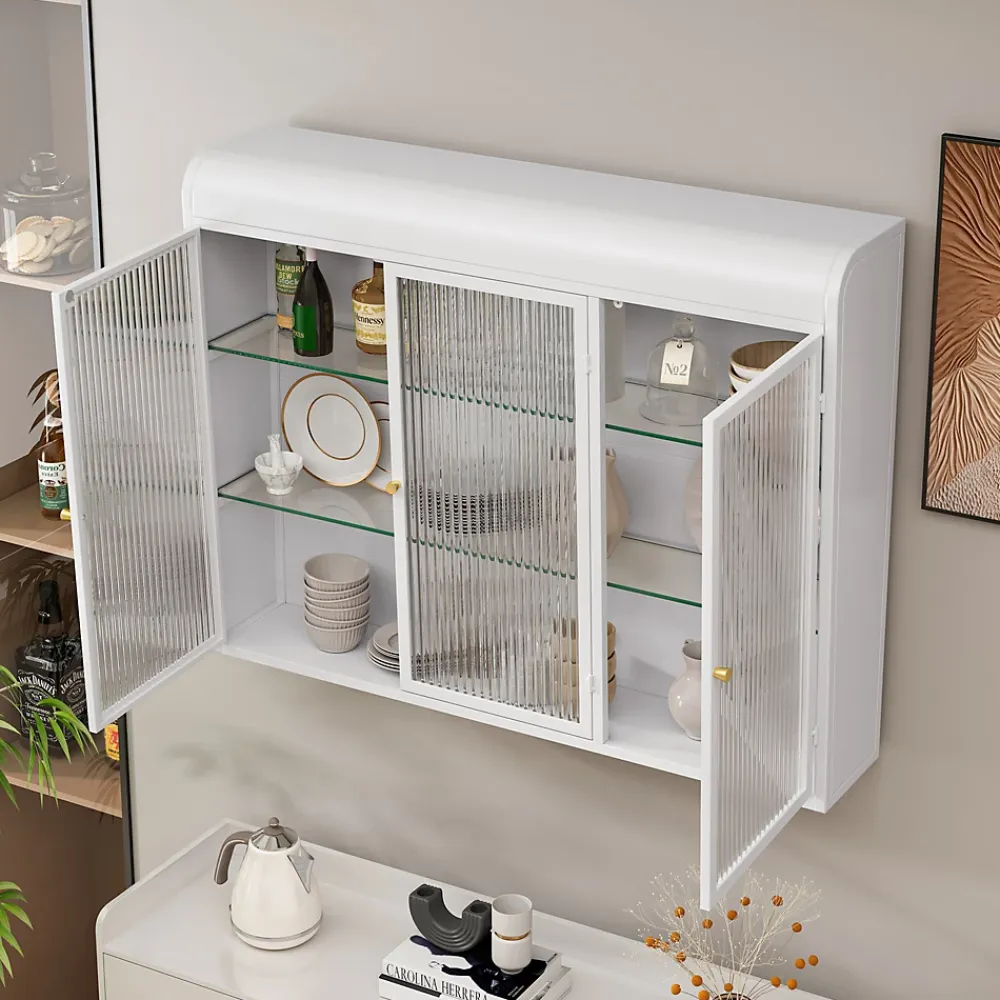 Okwish Armoire Murale 3 Portes en Verre et Métal - Meuble de Rangement Suspendu pour Cuisine et Salon, 90x16x70 cm, Blanc