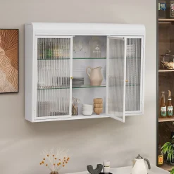 Okwish Armoire Murale 3 Portes en Verre et Métal - Meuble de Rangement Suspendu pour Cuisine et Salon, 90x16x70 cm, Blanc