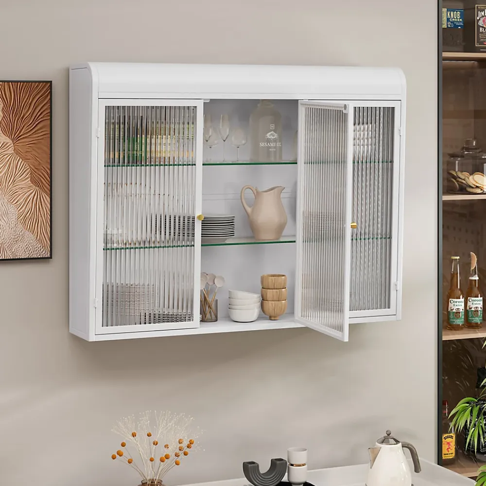 Okwish Armoire Murale 3 Portes en Verre et Métal - Meuble de Rangement Suspendu pour Cuisine et Salon, 90x16x70 cm, Blanc
