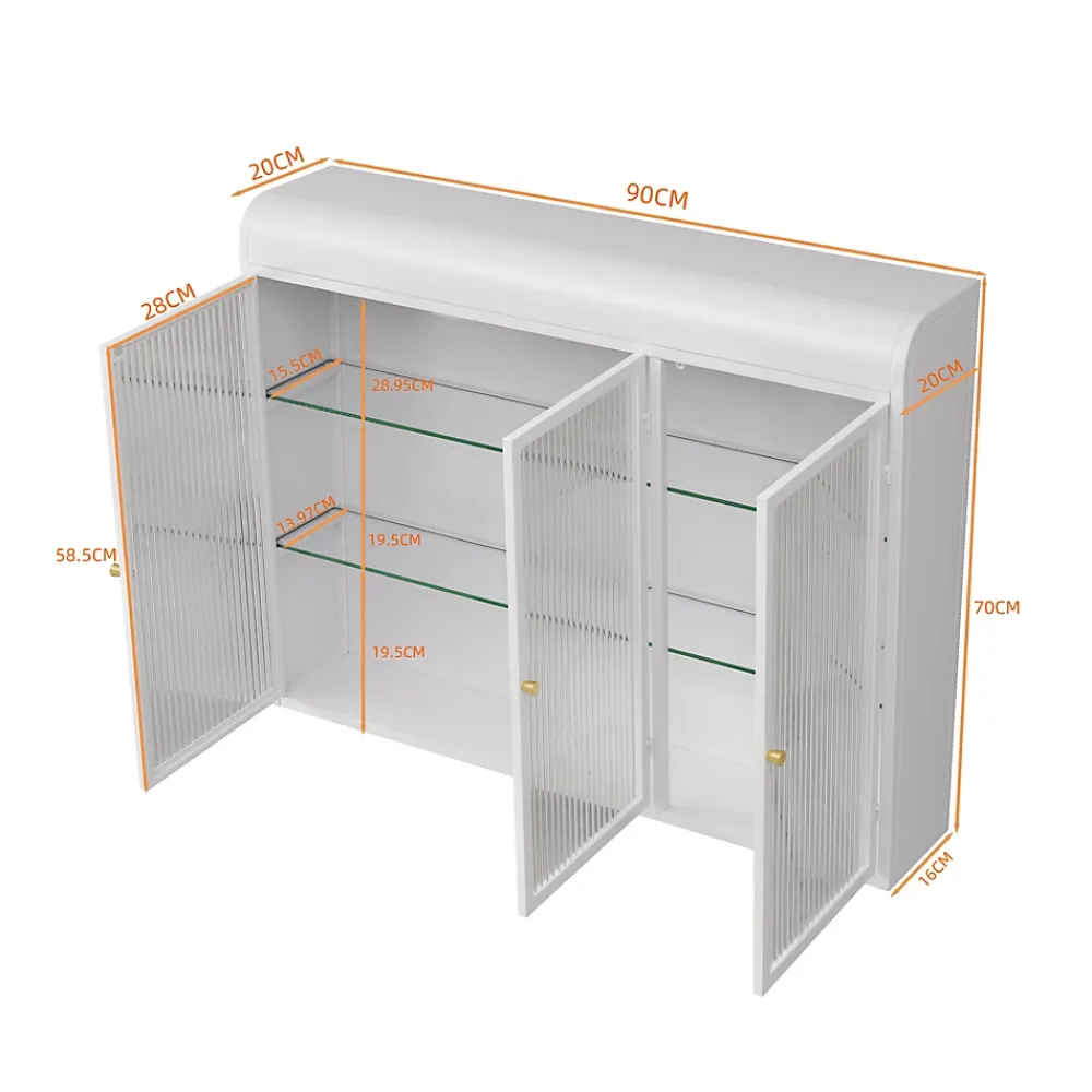 Okwish Armoire Murale 3 Portes en Verre et Métal - Meuble de Rangement Suspendu pour Cuisine et Salon, 90x16x70 cm, Blanc