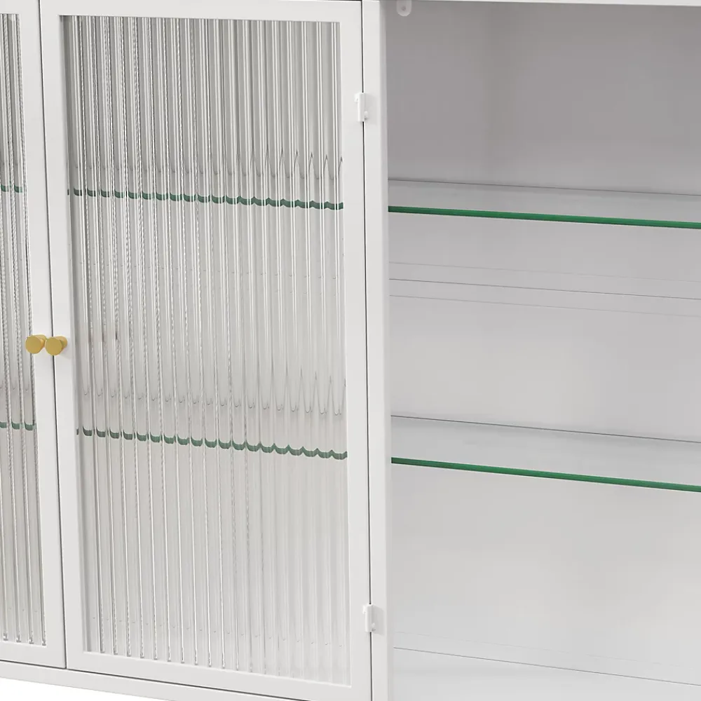 Okwish Armoire Murale 3 Portes en Verre et Métal - Meuble de Rangement Suspendu pour Cuisine et Salon, 90x16x70 cm, Blanc