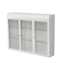 Okwish Armoire Murale 3 Portes en Verre et Métal - Meuble de Rangement Suspendu pour Cuisine et Salon, 90x16x70 cm, Blanc