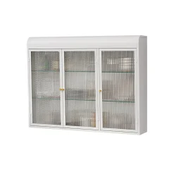 Okwish Armoire Murale 3 Portes en Verre et Métal - Meuble de Rangement Suspendu pour Cuisine et Salon, 90x16x70 cm, Blanc
