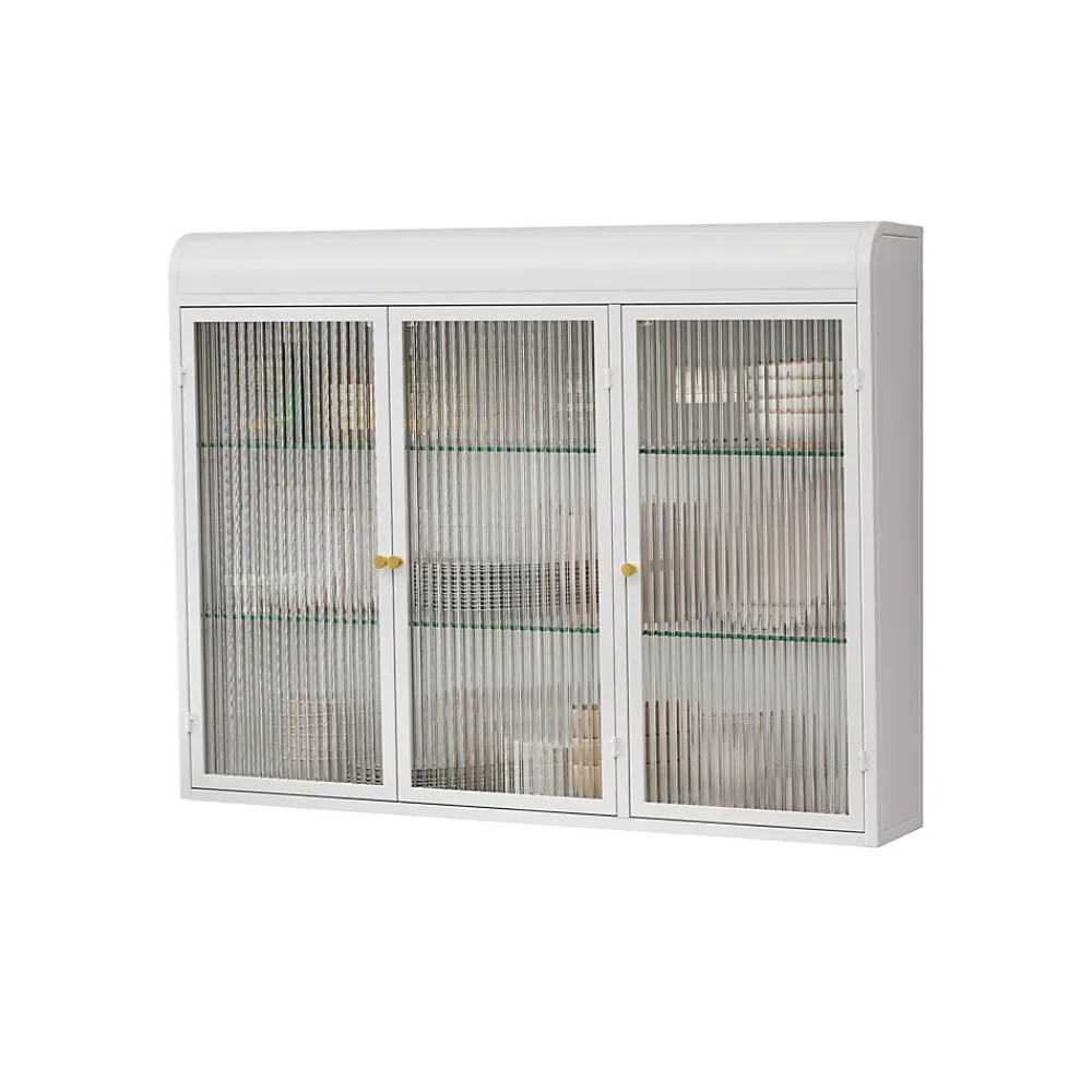 Okwish Armoire Murale 3 Portes en Verre et Métal - Meuble de Rangement Suspendu pour Cuisine et Salon, 90x16x70 cm, Blanc