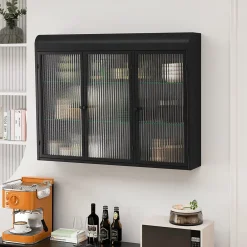 Armoire De Salle De Bains|Okwish Armoire Murale 3 Portes Salle de Bain design Moderne avec Cadre Métal Noir et Verre, Meuble de Rangement, Noir