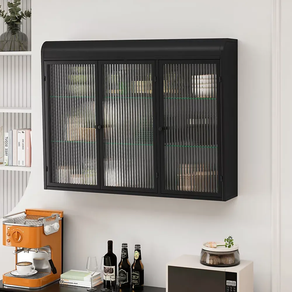 Armoire De Salle De Bains|Okwish Armoire Murale 3 Portes Salle de Bain design Moderne avec Cadre Métal Noir et Verre, Meuble de Rangement, Noir