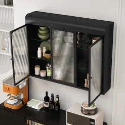 Armoire De Salle De Bains|Okwish Armoire Murale 3 Portes Salle de Bain design Moderne avec Cadre Métal Noir et Verre, Meuble de Rangement, Noir