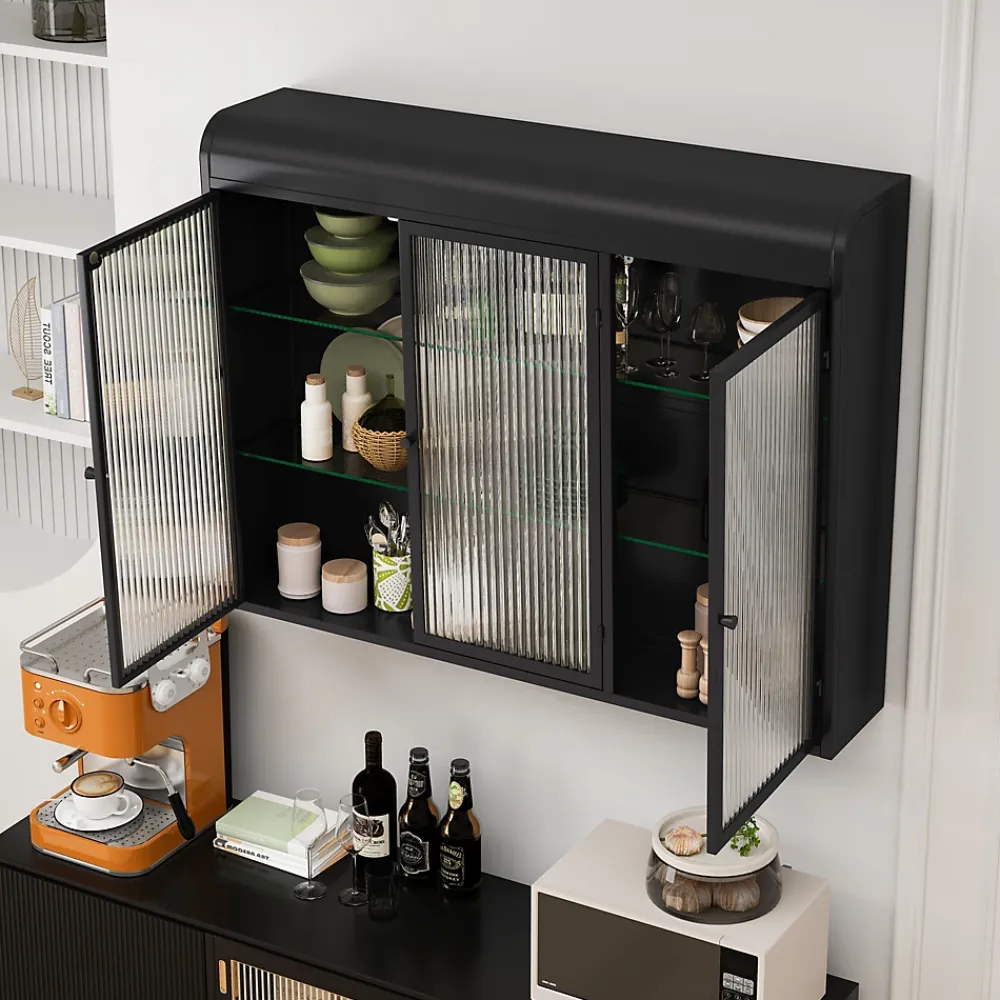 Armoire De Salle De Bains|Okwish Armoire Murale 3 Portes Salle de Bain design Moderne avec Cadre Métal Noir et Verre, Meuble de Rangement, Noir