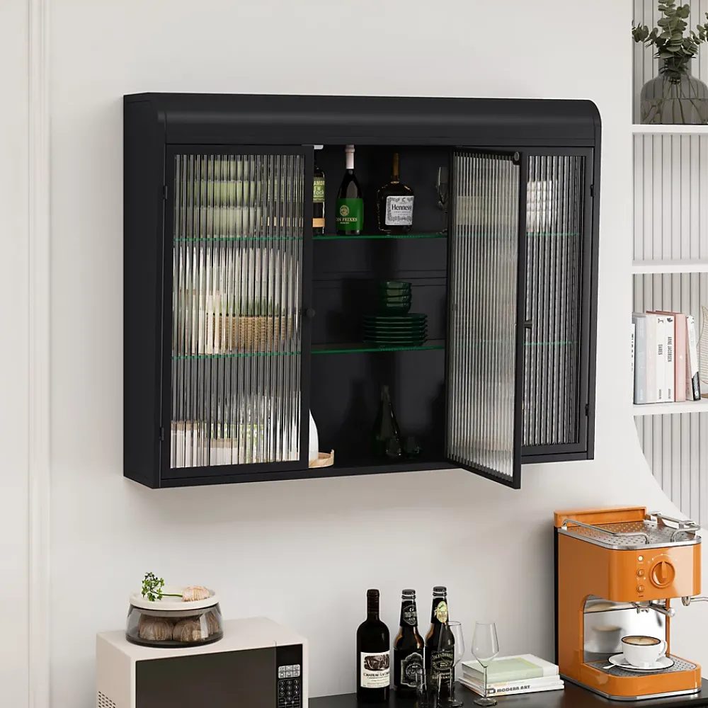 Armoire De Salle De Bains|Okwish Armoire Murale 3 Portes Salle de Bain design Moderne avec Cadre Métal Noir et Verre, Meuble de Rangement, Noir