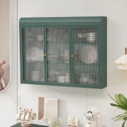 Okwish Armoire Murale 3 Portes Salle de Bain design Moderne avec Cadre Métal Vert et Verre, Meuble de Rangement, Vert foncé