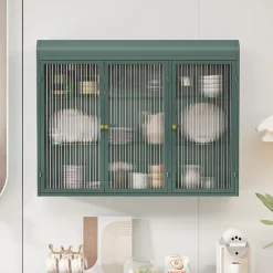 Okwish Armoire Murale 3 Portes Salle de Bain design Moderne avec Cadre Métal Vert et Verre, Meuble de Rangement, Vert foncé