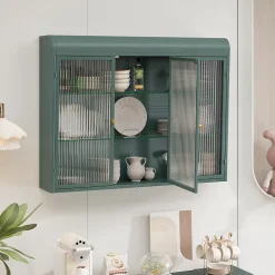 Okwish Armoire Murale 3 Portes Salle de Bain design Moderne avec Cadre Métal Vert et Verre, Meuble de Rangement, Vert foncé
