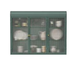 Okwish Armoire Murale 3 Portes Salle de Bain design Moderne avec Cadre Métal Vert et Verre, Meuble de Rangement, Vert foncé