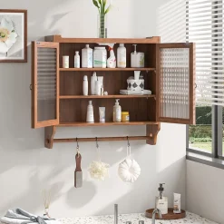 Okwish Armoire Murale avec Portes Vitrées et Porte-Serviettes, Meuble Mural Vintage en Bois Massif avec 3 Étagères - 63x18x60 cm - Brun