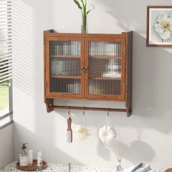 Okwish Armoire Murale avec Portes Vitrées et Porte-Serviettes, Meuble Mural Vintage en Bois Massif avec 3 Étagères - 63x18x60 cm - Brun