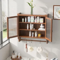 Okwish Armoire Murale avec Portes Vitrées et Porte-Serviettes, Meuble Mural Vintage en Bois Massif avec 3 Étagères - 63x18x60 cm - Brun