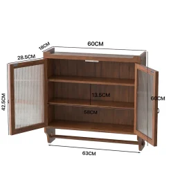 Okwish Armoire Murale avec Portes Vitrées et Porte-Serviettes, Meuble Mural Vintage en Bois Massif avec 3 Étagères - 63x18x60 cm - Brun