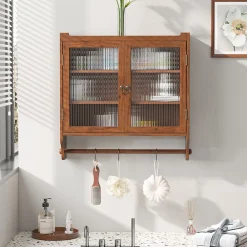 Okwish Armoire Murale avec Portes Vitrées et Porte-Serviettes, Meuble Mural Vintage en Bois Massif avec 3 Étagères - 63x18x60 cm - Brun