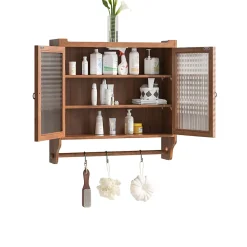 Okwish Armoire Murale avec Portes Vitrées et Porte-Serviettes, Meuble Mural Vintage en Bois Massif avec 3 Étagères - 63x18x60 cm - Brun