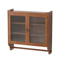Okwish Armoire Murale avec Portes Vitrées et Porte-Serviettes, Meuble Mural Vintage en Bois Massif avec 3 Étagères - 63x18x60 cm - Brun