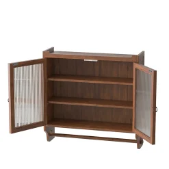Okwish Armoire Murale avec Portes Vitrées et Porte-Serviettes, Meuble Mural Vintage en Bois Massif avec 3 Étagères - 63x18x60 cm - Brun
