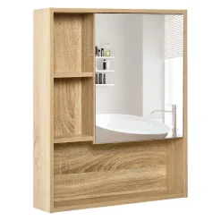 Armoire De Toilette|Homcom Armoire murale de rangement salle de bain avec porte miroir couleur bois de chêne dim. 60L x 15l x H76 cm