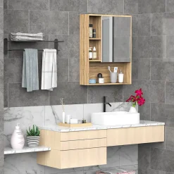Armoire De Toilette|Homcom Armoire murale de rangement salle de bain avec porte miroir couleur bois de chêne dim. 60L x 15l x H76 cm