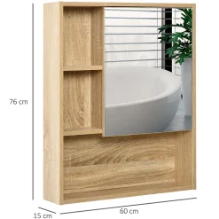 Armoire De Toilette|Homcom Armoire murale de rangement salle de bain avec porte miroir couleur bois de chêne dim. 60L x 15l x H76 cm