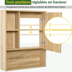 Armoire De Toilette|Homcom Armoire murale de rangement salle de bain avec porte miroir couleur bois de chêne dim. 60L x 15l x H76 cm