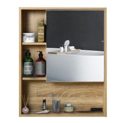 Armoire De Toilette|Homcom Armoire murale de rangement salle de bain avec porte miroir couleur bois de chêne dim. 60L x 15l x H76 cm