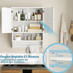 Giantex Armoire Murale de Salle de Bain avec Portes à Persiennes Porte Serviettes Armoire à Pharmacie avec étagère Réglable Blanc