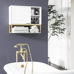 kleankin Armoire murale de salle de bain - porte, 2 étagères, 2 niches - acier doré MDF blanc