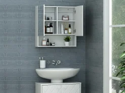 Armoire De Toilette|Vente-unique Armoire murale de salle de bain avec miroir et niche - Blanc - ZUMPA