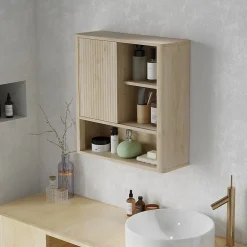 Homcom Armoire murale de salle de bain style bohème chic - porte coulissante, étagère, niche - effet bois clair